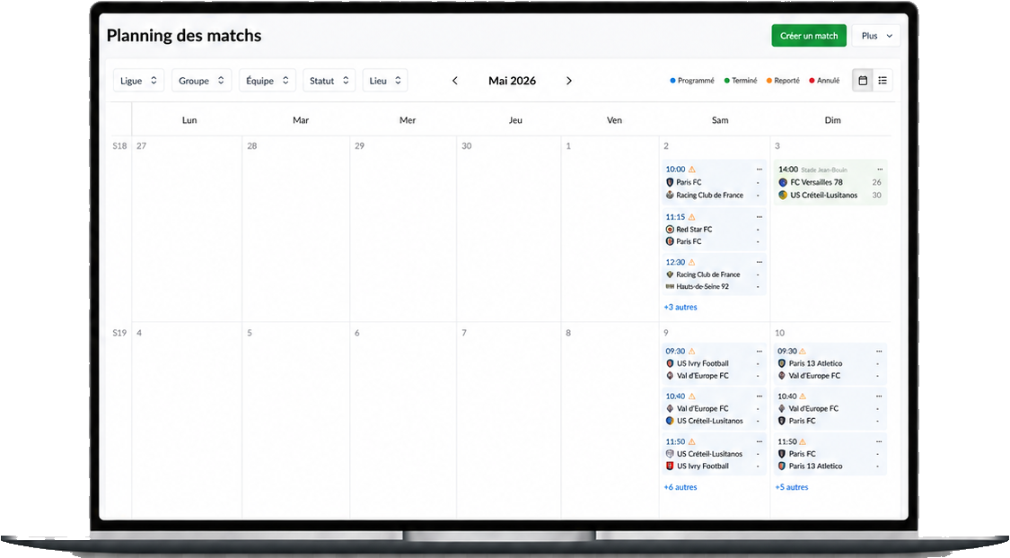 Le planning des matchs dans SportMember sur ordinateur